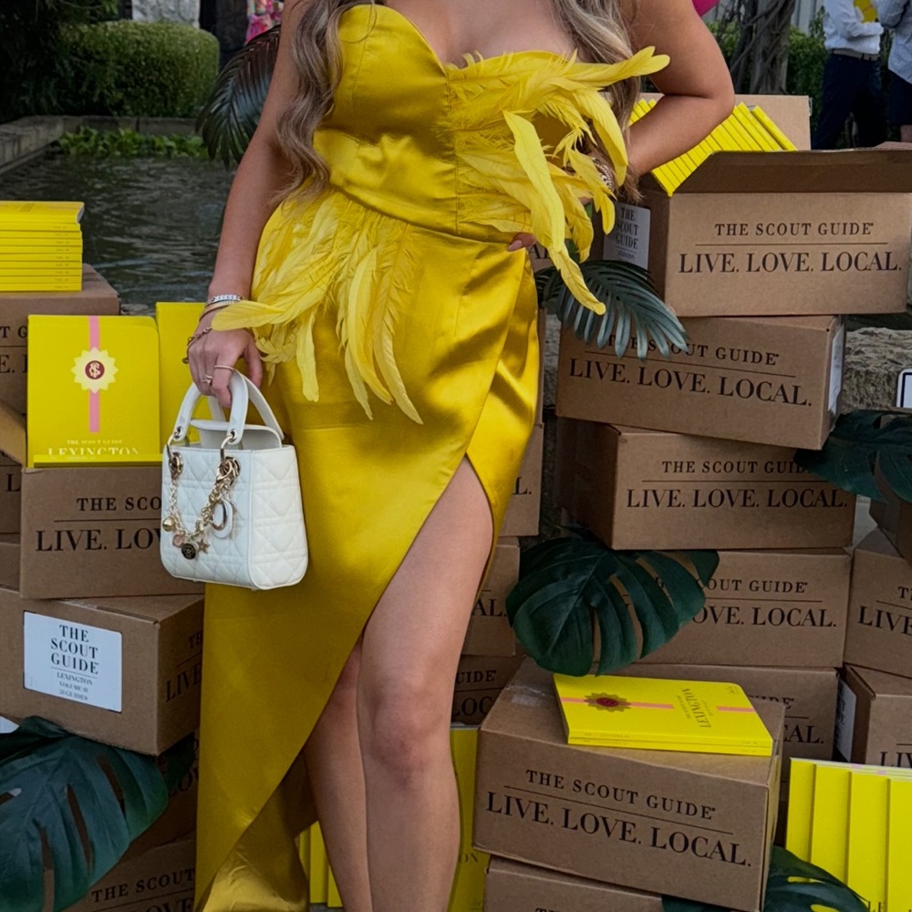 Fashion Nova Asymmetrical Yellow Dress with Feather Details